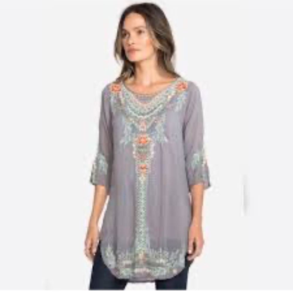 Johnny Was Olive Blossom Sheer Gray Tunic with Floral Embroidery GUC Small Rayon